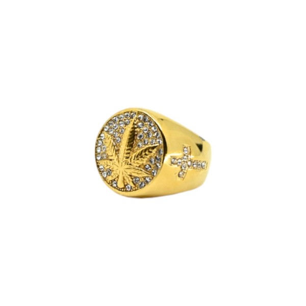 Anel de Sinete Dourado Folha de Cannabis com Strass