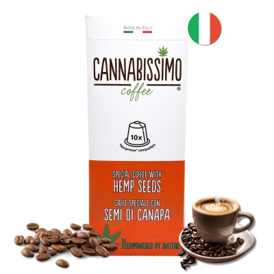 Café com sementes de cânhamo Cannabissimo - 10 cápsulas Café com sementes de cânhamo Cannabissimo - 10 cápsulas